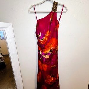 Red Aidan Mattox One Shoulder Strap Abstract Beaded Midi Dress